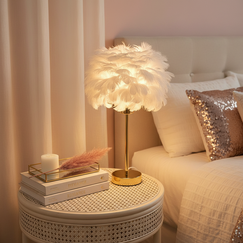 Dimmable feather table lamp bedroom low light setting romantic glow on white linen nightstand