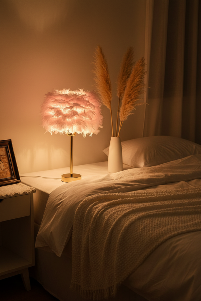 Pink feather table lamp bedroom aesthetic gold base nightstand with candle and flowers styled vignette
