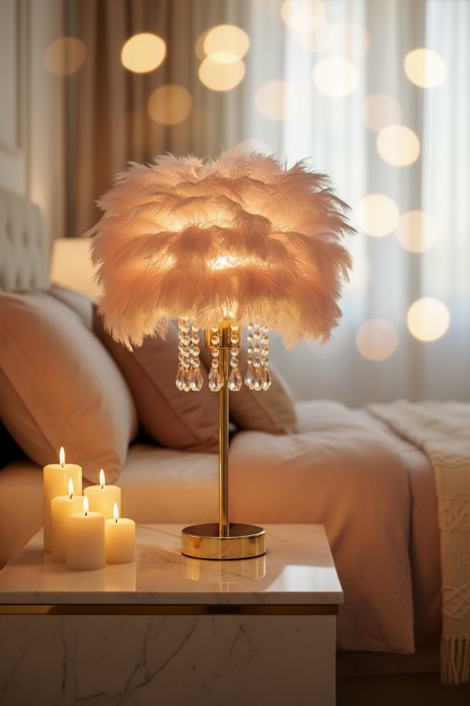 Ostrich feather table lamp gold base crystal tassels glowing on bedroom nightstand romantic light