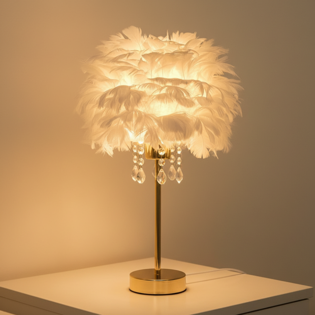 Feather bedside lamp housewarming gift wrapped gold base pink feathers Valentine's Day romantic bedroom decor present