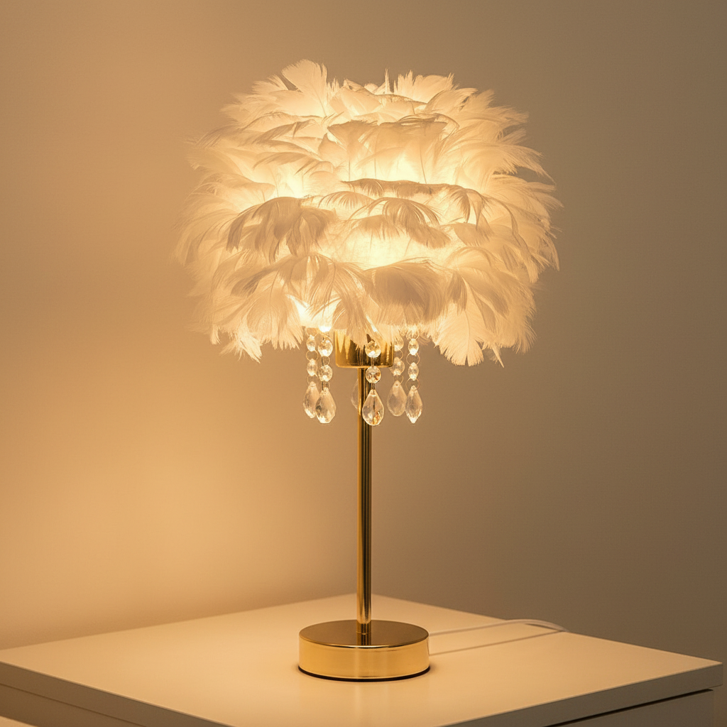 Feather bedside lamp housewarming gift wrapped gold base pink feathers Valentine's Day romantic bedroom decor present
