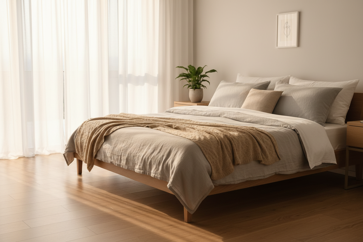 "King size bamboo memory foam mattress with cooling cover on minimalist bed frame"