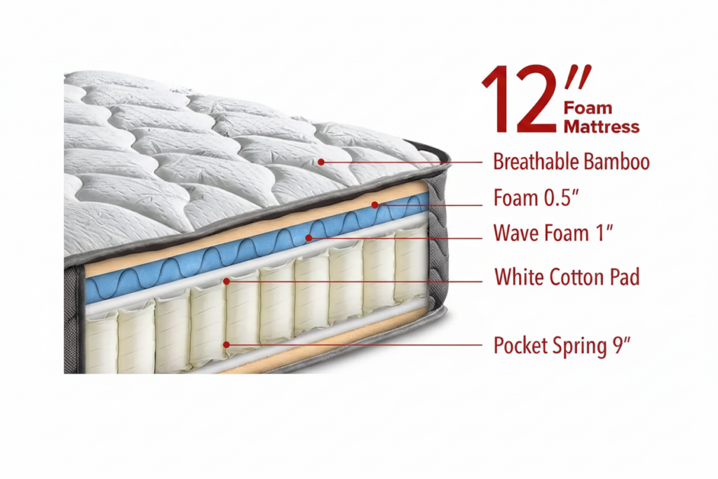 12 inch gel memory foam mattress king size layer cutaway showing pocket springs