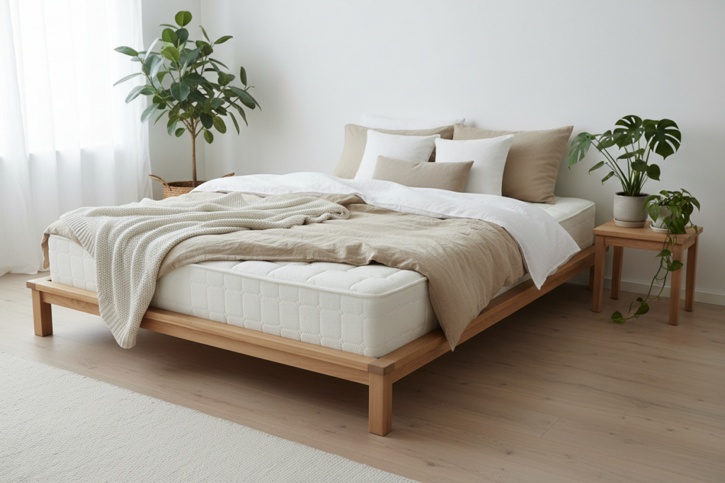 Organic bamboo mattress king size styled in minimalist Nordic bedroom