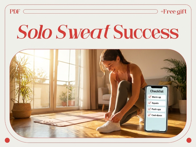 Digital fitness motivation planner open on phone during solo home workout