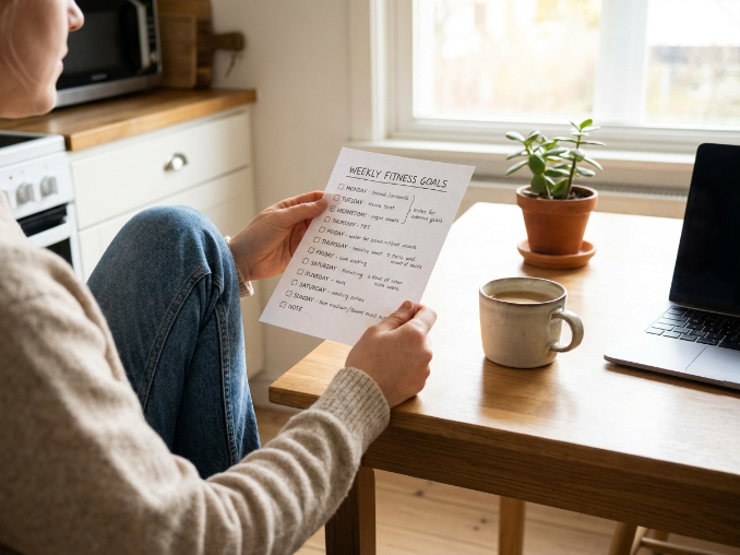 Weekly fitness motivation sheet reviewed during morning routine