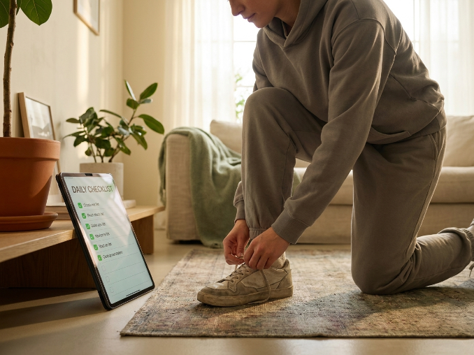 Digital fitness motivation planner open on phone during solo home workout